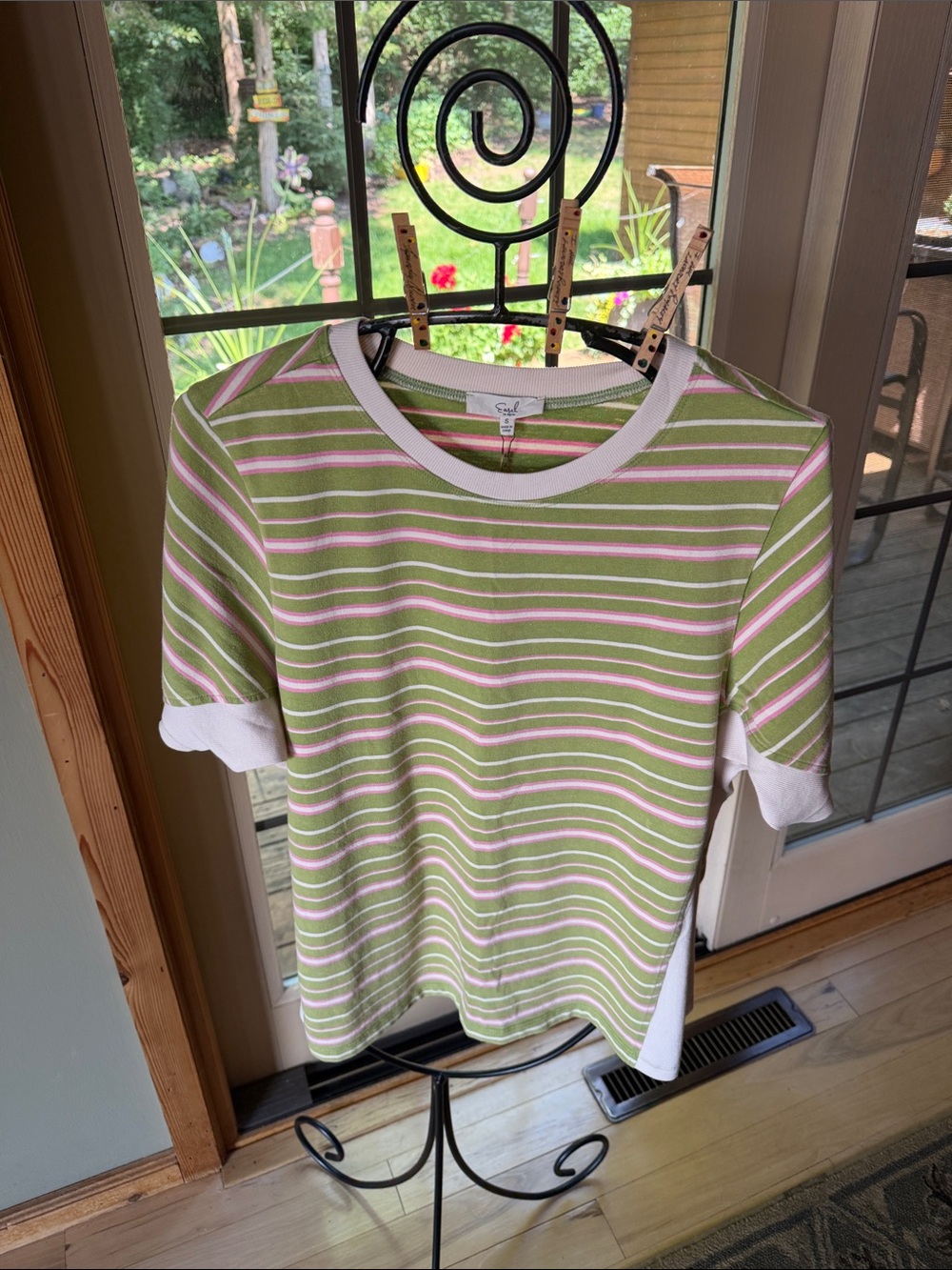 Easel Kennedy Short-Sleeve Striped Crewneck Tee - Green/Pink/White Sz S NWT